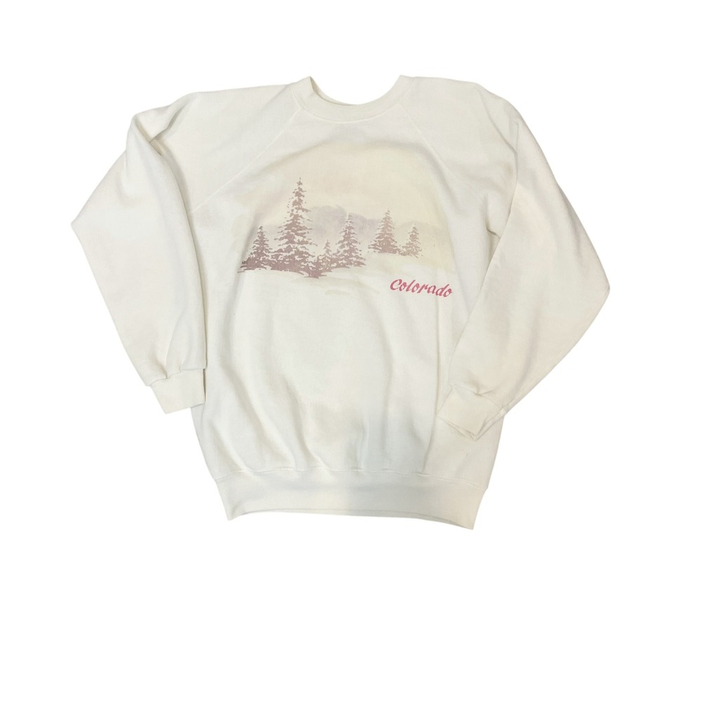 Vintage 80s Hanes Colorado Mountain Graphic Sweatshirt Cream Ivory Raglan MEDIUM